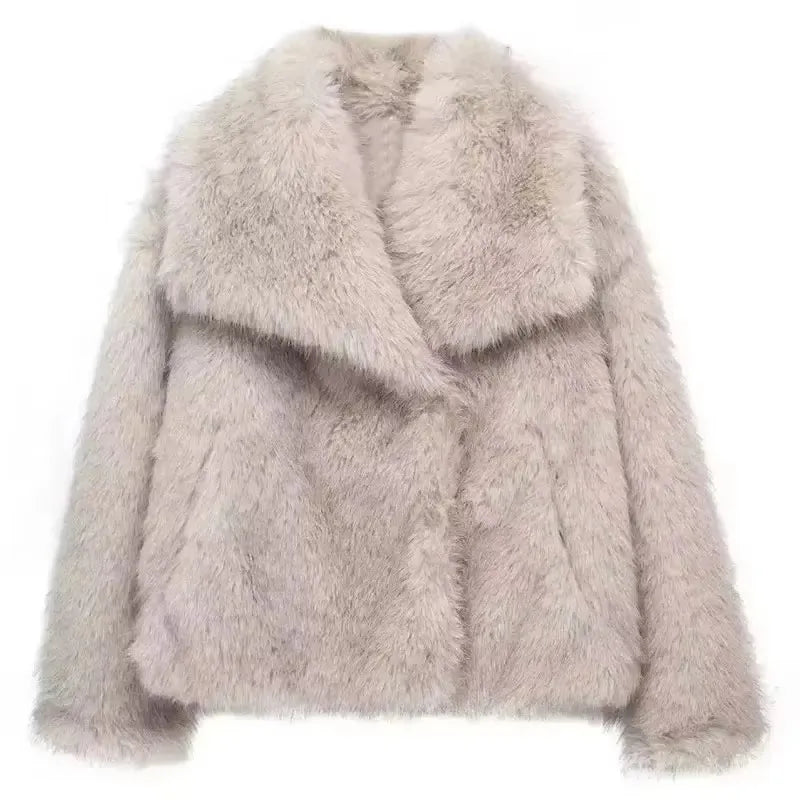 HH Women Elegant Faux Fur Coat Warm Fluffy Loose Long Sleeve Lapel Jacket Autumn Winter Fashion High Street Lady Outerwear